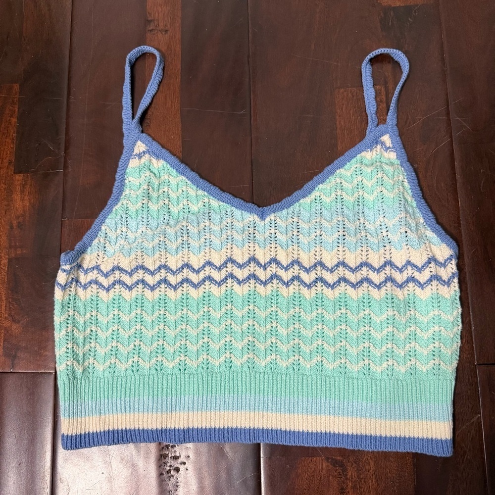 American Eagle Cropped Tank Size XL Crochet Top Blue Cotton Summer